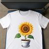 Tall Yellow Sunflower in a White Pot A single, tall sunflower plant with large yellow petals and dark center, growing in a flower pot against a clear background.
