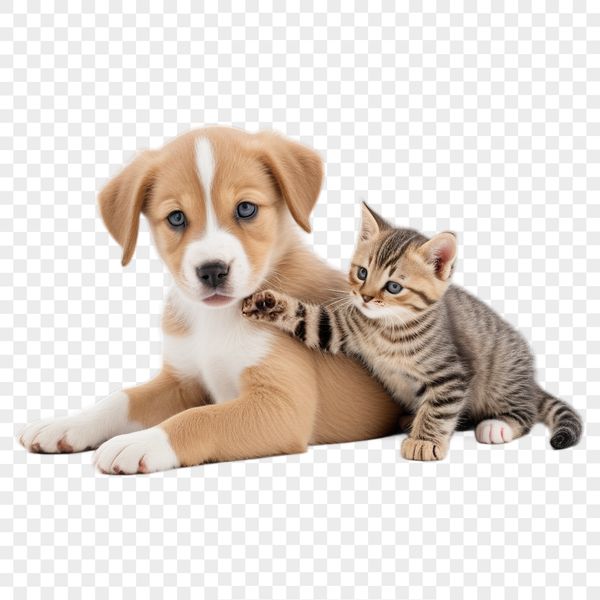Illustrative design featuring a smiling puppy and kitten side by side in high resolution PNG format.