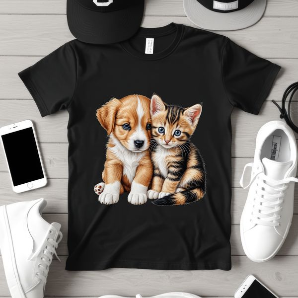 Cuddly Puppy Kitten Duo Close-up image of a furry puppy and kitten cuddling in front of a transparent background.