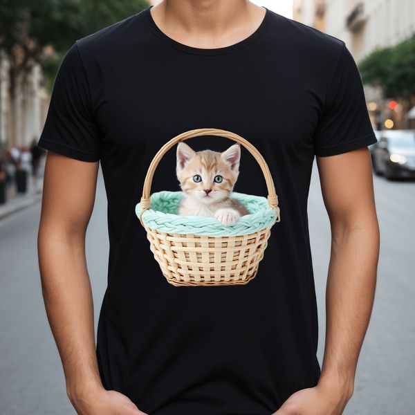 A transparent PNG image of a cute kitten sitting in a woven basket on a clear background.