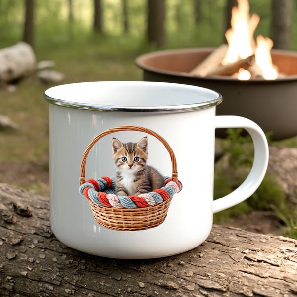 A clear illustration of a kitten sitting in a basket, suitable for personal or commercial use.