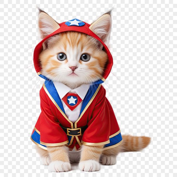 A small domestic cat, sitting on a neutral background.