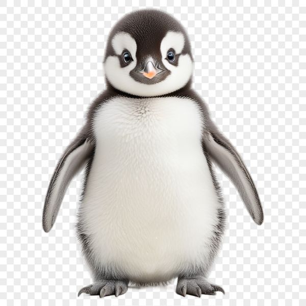 Cute Penguin Chick on Ice A small penguin chick standing on rocks or ice, with a clear background allowing for easy transparency.