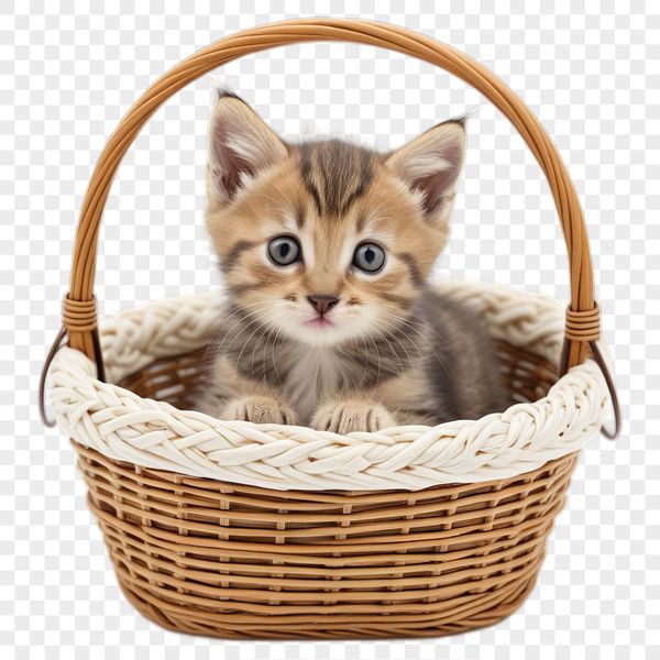 Cute Cat Sits Pretty in Basket A transparent high-resolution PNG image of a cute kitten sitting in a woven basket.