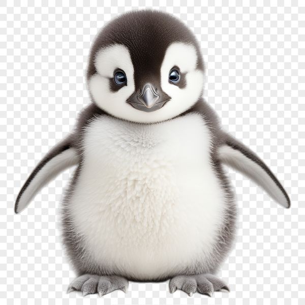 A young penguin chick stands on the ice, its fluffy feathers visible in high resolution.