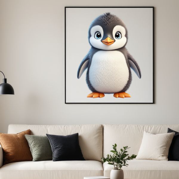 Adorable Baby Penguin on Rock A small baby penguin standing on a rocky surface with a clear background.