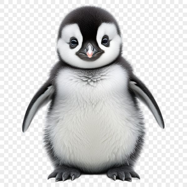 A small penguin chick with fluffy feathers stands on snow, looking curiously to the side.