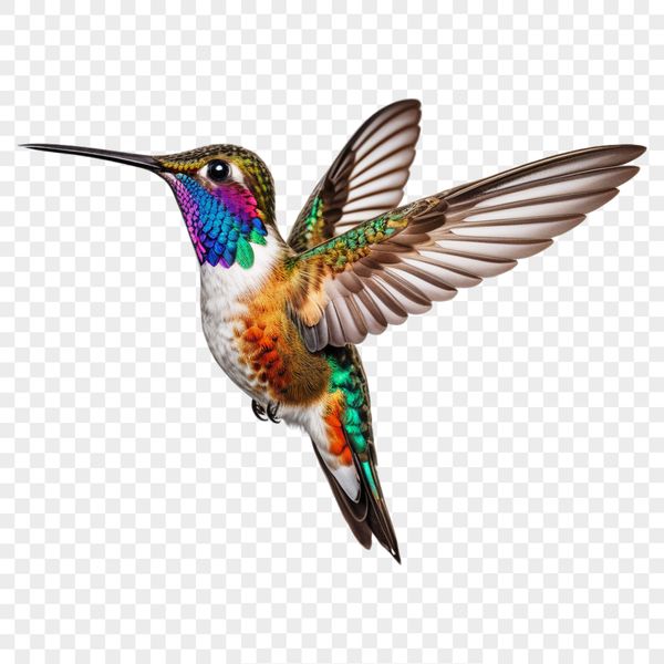 A colorful hummingbird in flight, with a transparent background.