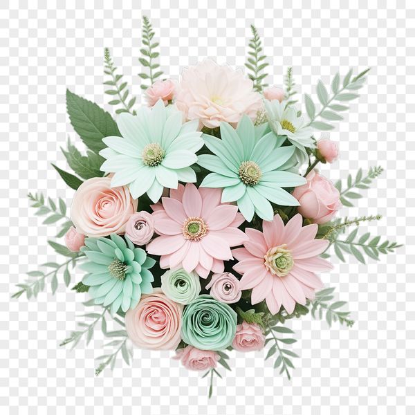 A colorful bouquet of flowers arranged in a decorative vase on a white background.