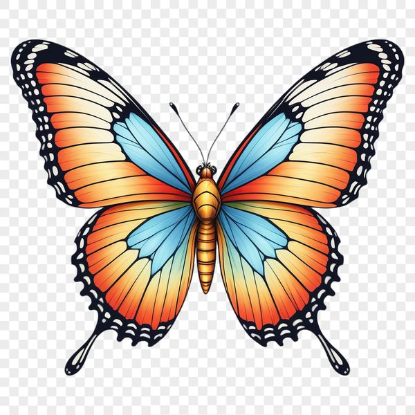 A colorful butterfly with vibrant wings on a transparent background.