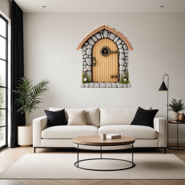 Whimsical Wooden Fairy Entrance A small, intricately designed wooden fairy door with a clear background.