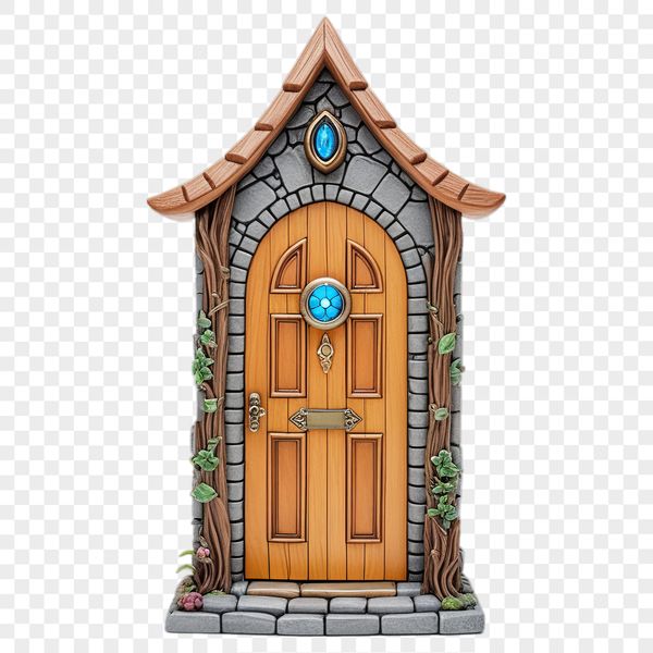 Whimsical Wood Fairy Door A whimsical Fairy Door made from wood with intricate carvings, set against a clear background.