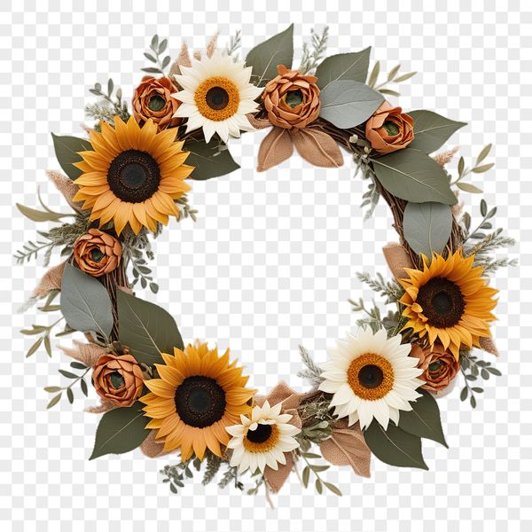 A colorful floral sunflower wreath made up of individual flowers and greenery.