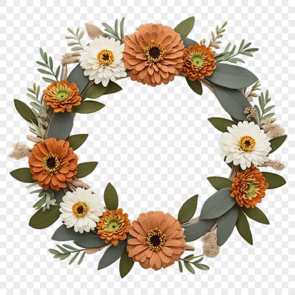 A floral wreath composed of various flowers and greenery elements with a transparent background.
