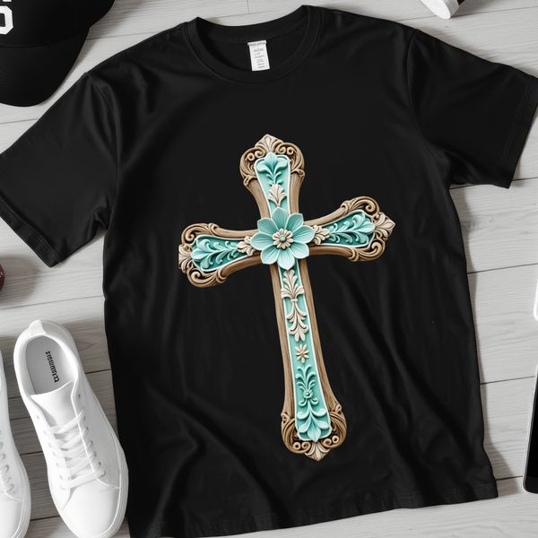 A silver crucifix with intricate details against a transparent background.