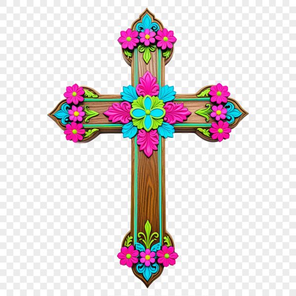 Transparent Cross Silhouette with Flowers A high-resolution transparent image of a simple cross with floral motifs, suitable for personal and commercial use.