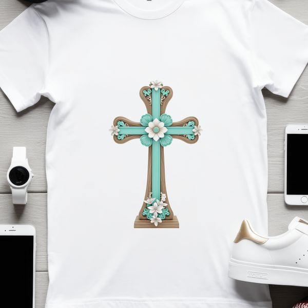 A simple illustration of a Crucifix with floral details.