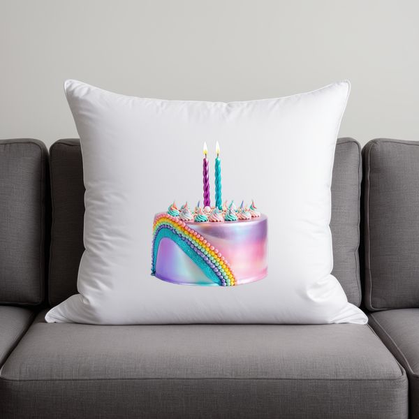 A colorful layered birthday cake with candles on top, suitable for commercial and personal use.