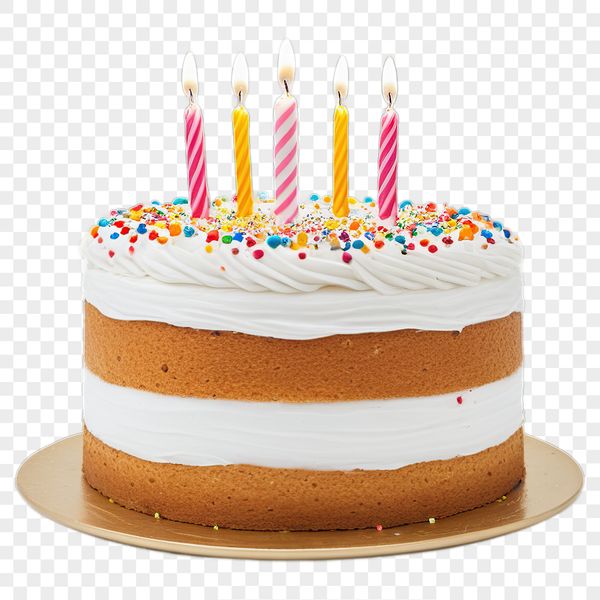 Happy Birthday Celebration A colorful birthday cake with candles and decorations on a transparent background.
