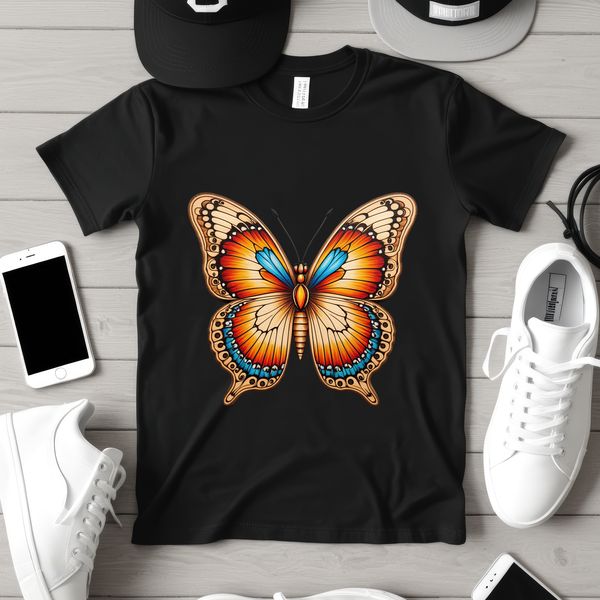 A colorful butterfly with intricate details perched on a leaf, suitable for printing or digital use.