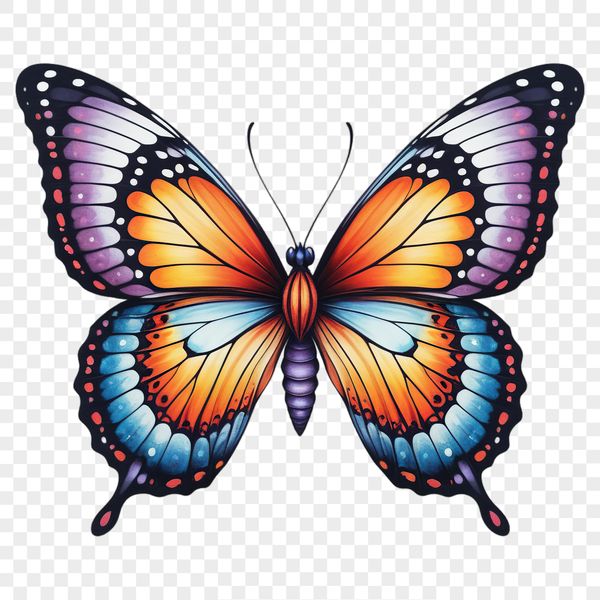 Colorful Insect Wing Pattern Design A colorful butterfly with intricate patterns spreads its wings against a clear background.