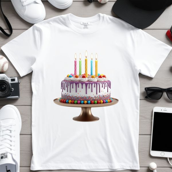 Customizable Cake Template Image A colorful birthday cake with candles and decorations, suitable for personal or commercial use.
