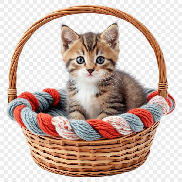 Cute Kitten in a Woven Basket A colorful kitten sitting in a woven basket on a transparent background.