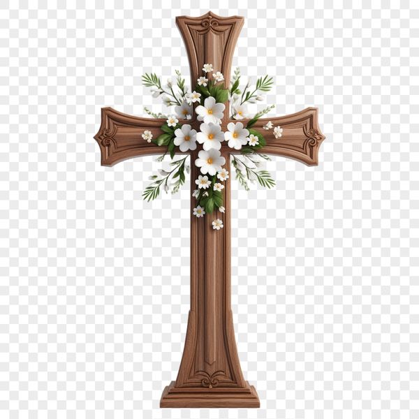 High Resolution Floral Cross PNG Image A high-resolution transparent cross with intricate details on a clear background.