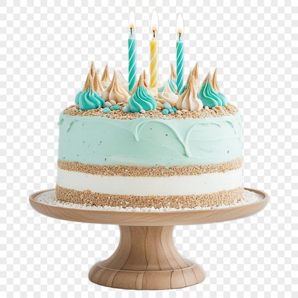 Colorful birthday cake with candles on a clear transparent background.