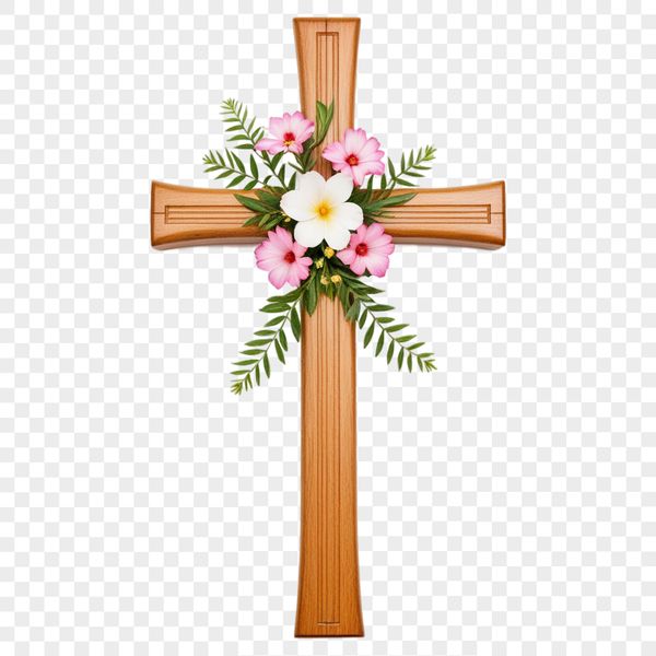 A transparent PNG image of a cross with floral patterns on the arms.