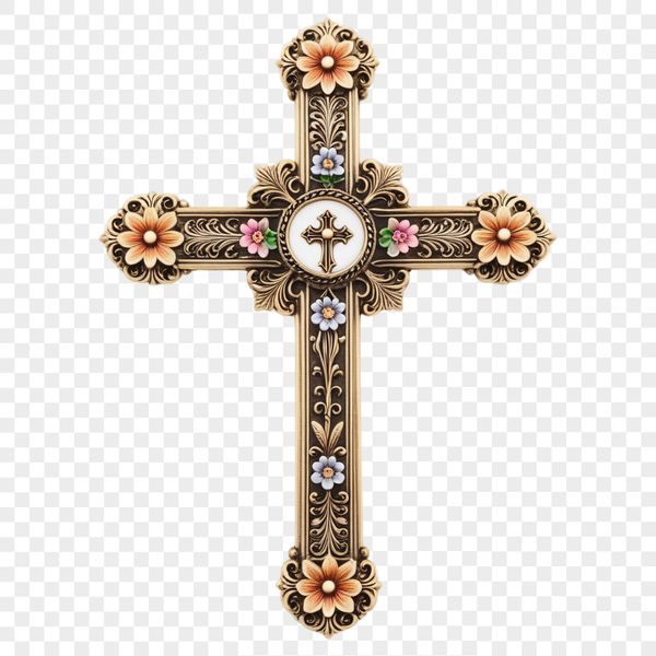 Transparent graphic illustration of a silver crucifix on a clear background with a simple floral pattern.