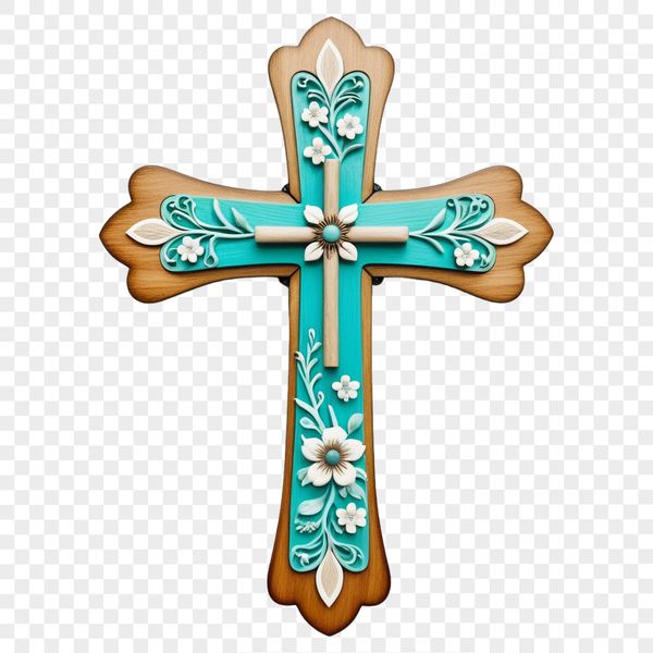 A transparent PNG image of a white cross with intricate floral details.