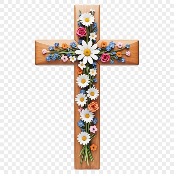 A high-resolution transparent PNG image of a simple white cross with floral patterns etched into the metalwork.