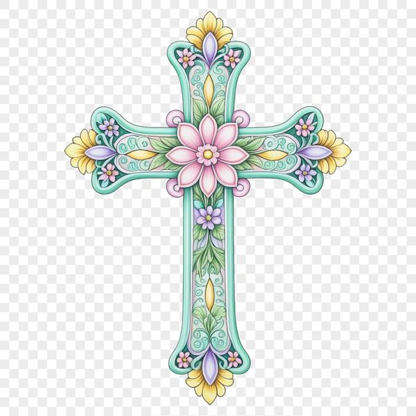 Christian Symbol with Floral Pattern A high-resolution transparent PNG image of a cross featuring floral elements in the background.