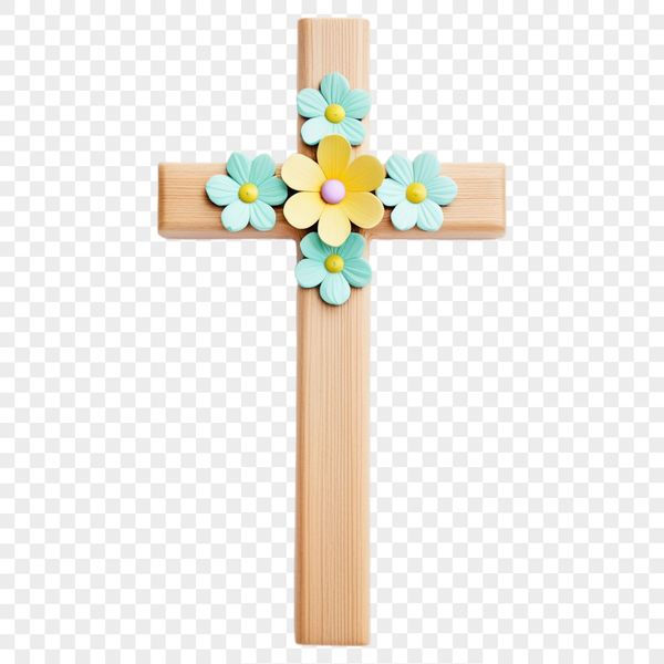 A transparent PNG image of a simple cross with floral accents.