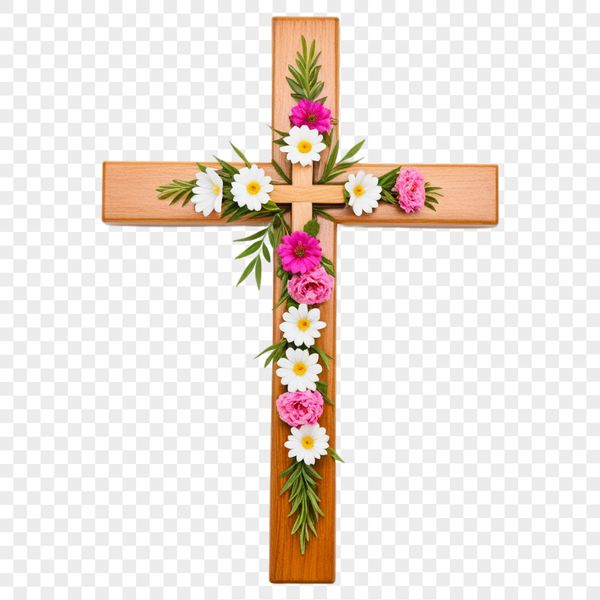 A transparent graphic representation of a Christian cross featuring intricate details.