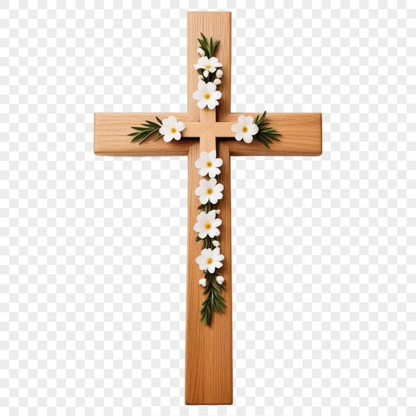 Transparent high-resolution image of a cross with floral elements in a clear background.