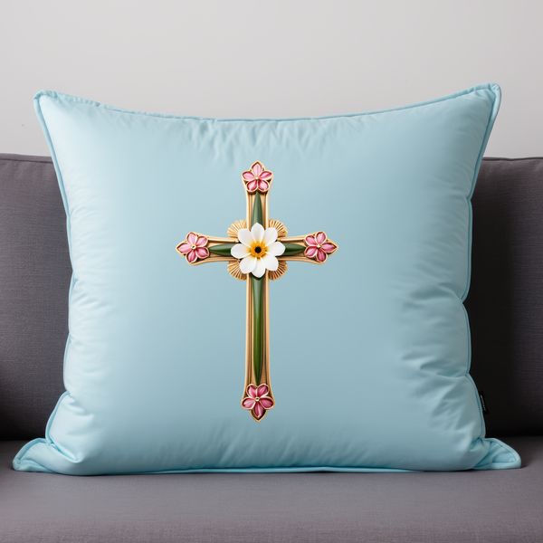 Simple White Cross with Floral Accents A transparent PNG image of a simple white cross with floral patterns surrounding it.