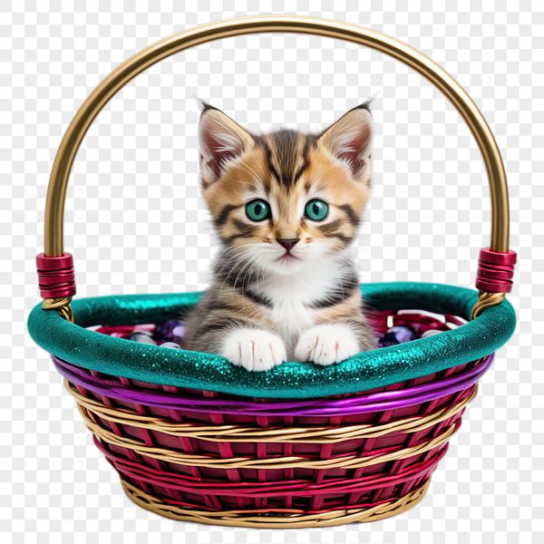 A transparent PNG image of a colorful kitten sitting inside a woven basket.