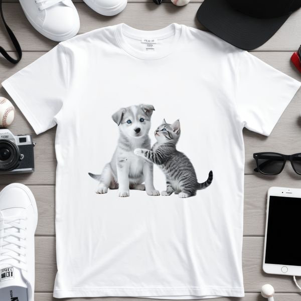 A cute mixed-breed puppy kitten sitting on a neutral background.