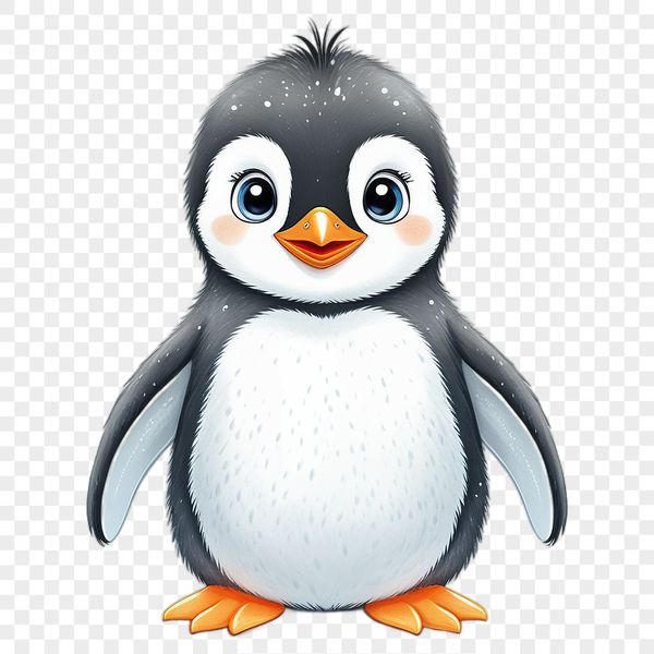 A baby penguin standing on the ice, with a clear blue background.