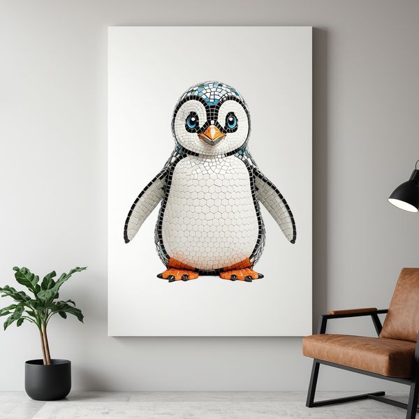 Snowy Flippers Up High A small penguin chick stands on snow with flippers held high.