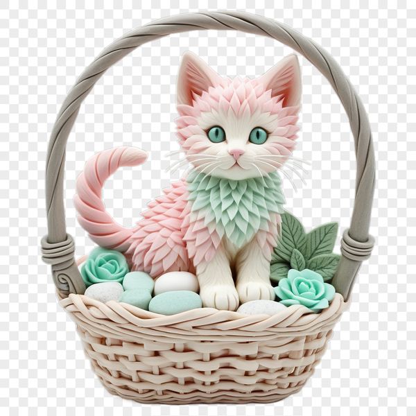 Transparent High-Resolution Cat Icon A transparent PNG image of a cute kitten sitting in a woven basket.