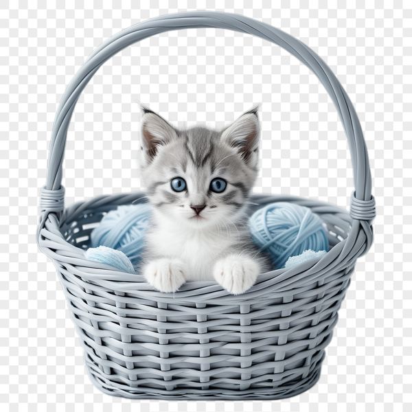 Cute Cat Sitting in a Basket A small, adorable kitten sitting in a woven basket, ideal for personal and commercial use as clipart or template.