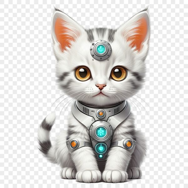 A small domestic cat with white fur and bright eyes sits on a surface, against a transparent background.