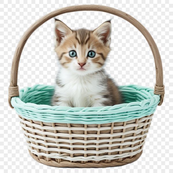 A clear background PNG graphic featuring a cute kitten lounging in a colorful basket.