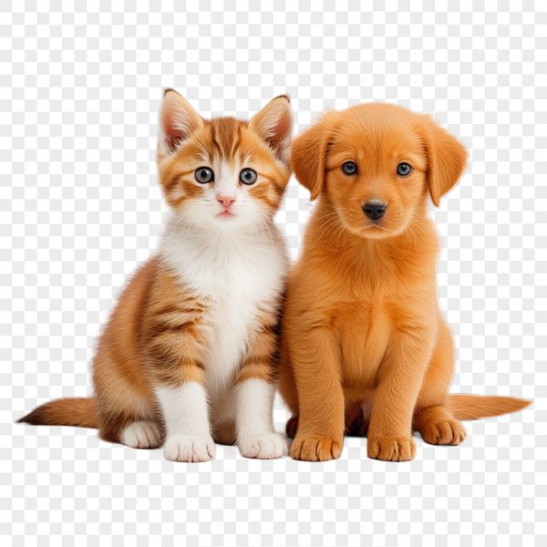 A digital illustration of a mixed breed puppy and kitten posing side by side in front of a clear background.