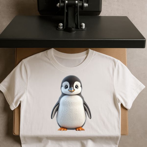 Penguin Chick Perched on a Background A small, adorable penguin chick with a fluffy coat and big eyes perched on a background.