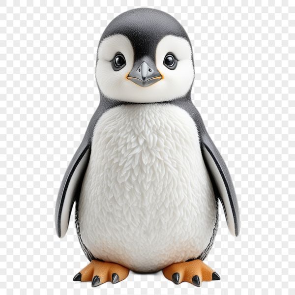 A small, fluffy penguin chick standing on the ice.