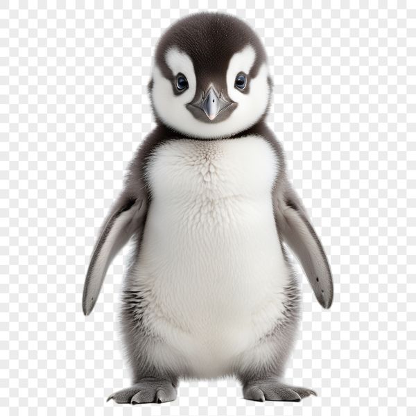 Cute Baby Penguin Perched on Iceberg A small, adorable penguin chick perched on a snow-covered iceberg.